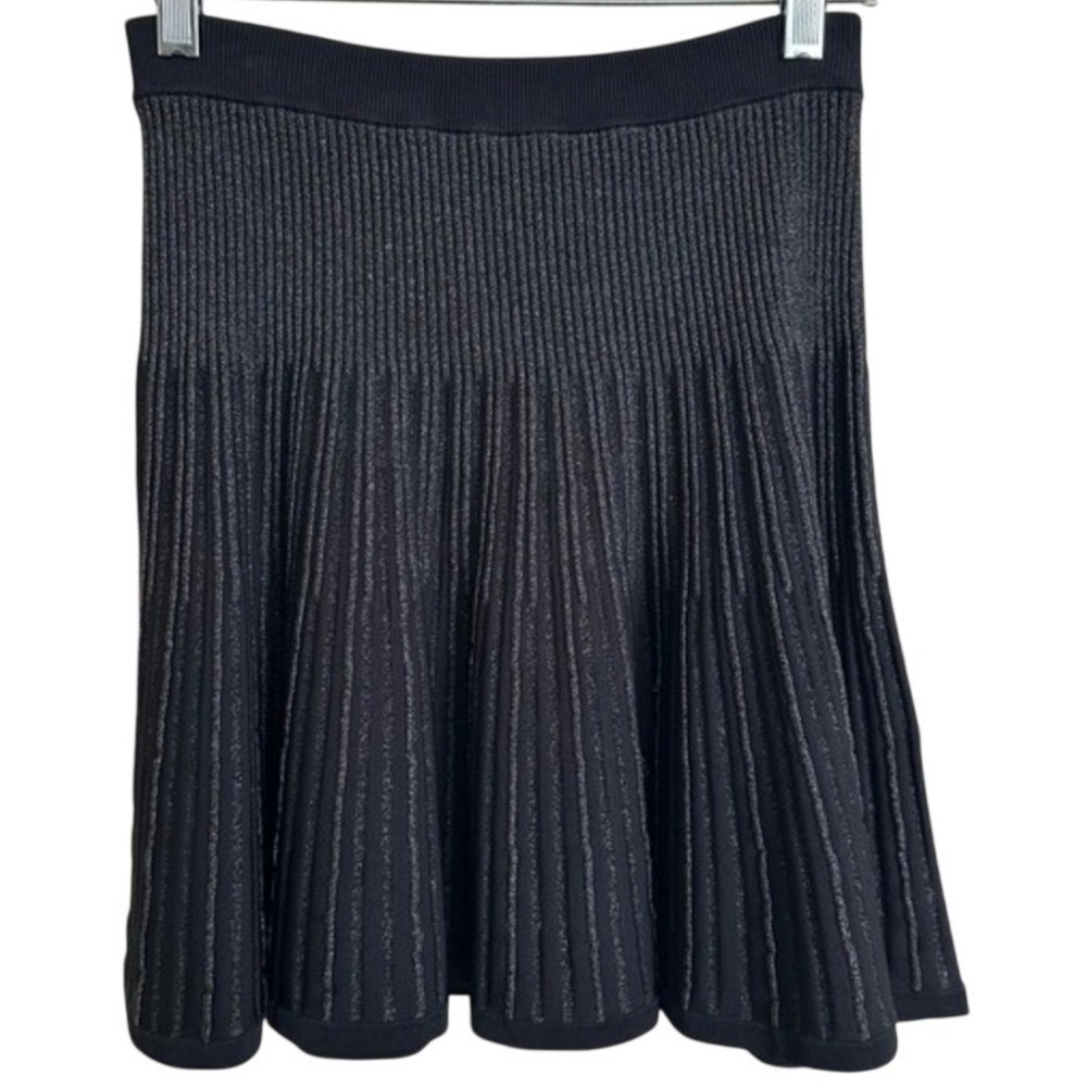 A.L.C. Metallic Black Ribbed Knit Pleated Skater Mini Skirt Medium